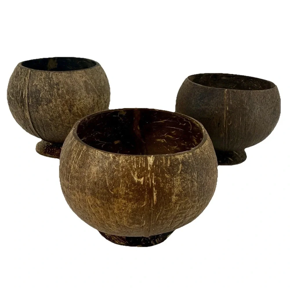 Coconut Shell Footed Bowl/ Cup‎ Set Of Three (3) Handmade Tropical Tiki Luau